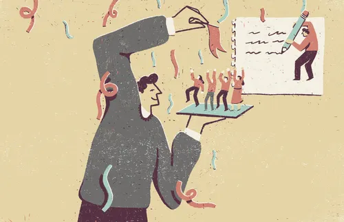 man at a party holding a tray with people dancing on it