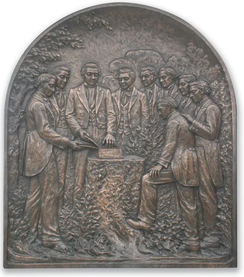 Plague of Joseph Smith showing plates to eight witnesses of the Book of Mormon.