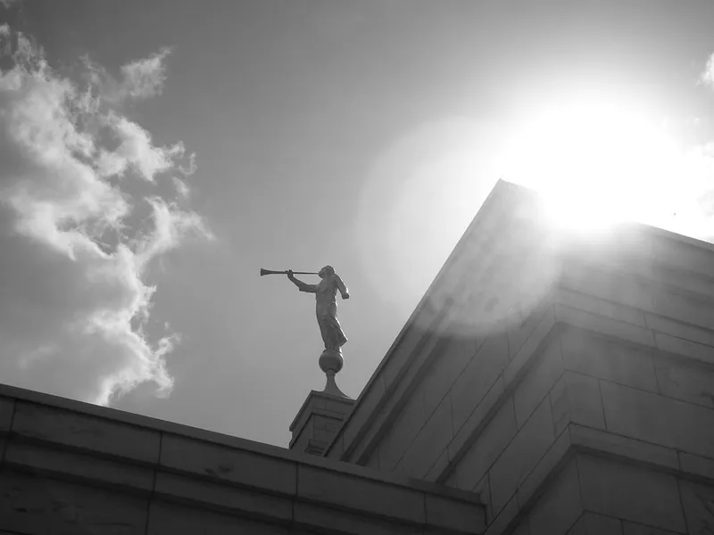 The angel Moroni stands tall on the spire of the Birmingham Alabama Temple.