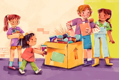 Illustration of kids standing by a cardboard box overflowing with jars of jelly