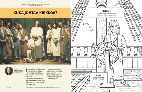 PDF-sivu, jolla on kuva Jeesuksesta Kristuksesta ja Hänen apostoleistaan sekä väritystehtävä, jossa Jeesus seisoo laivan ruorissa