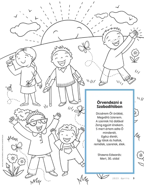 PDF-oldal színezővel, amelyen boldog gyermekeket lehet látni egy domboldalon