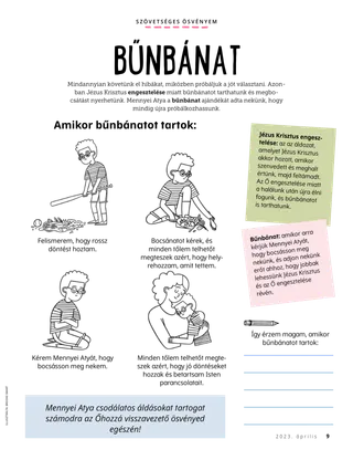 PDF-oldal az alábbi illusztrációkkal: fiú összetör egy vázát egy baseball-labdával, feltakarítja a törmeléket, imádkozik, megöleli az anyukáját