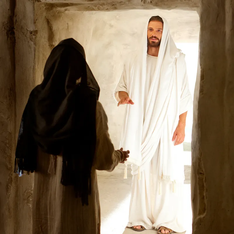 Jesus Christ now resurrected appears to Mary Magdalene in the empty tomb