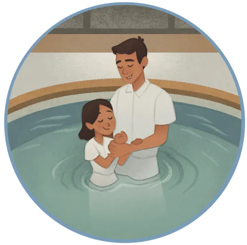 Girl and her father in the temple baptismal font