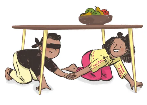 sister leading a blindfolded brother