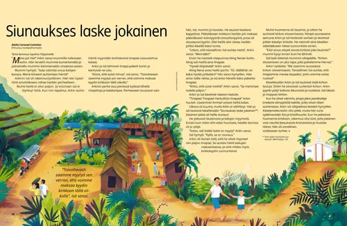 PDF-sivu, jolla on kuva miehestä ja pojasta, jotka kävelevät filippiiniläisen kylän läpi matkallaan kirkkorakennukseen
