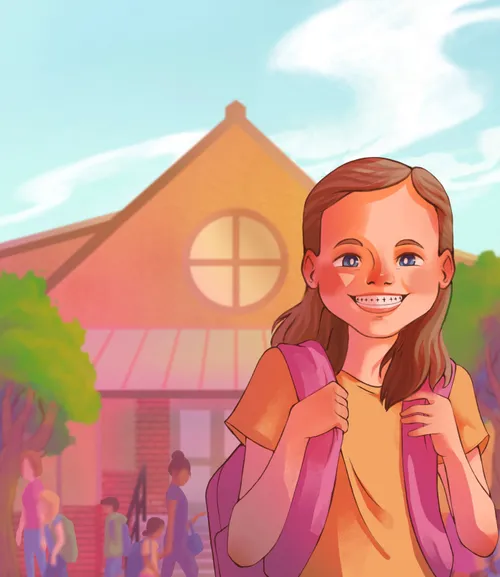 Smiling girl with backpack in front of school