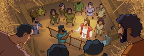 The man is healed and stands up.