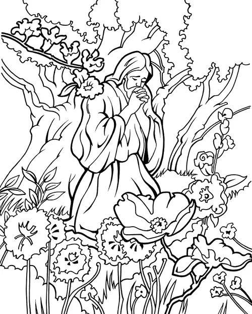 line art of Jesus Christ praying in a garden