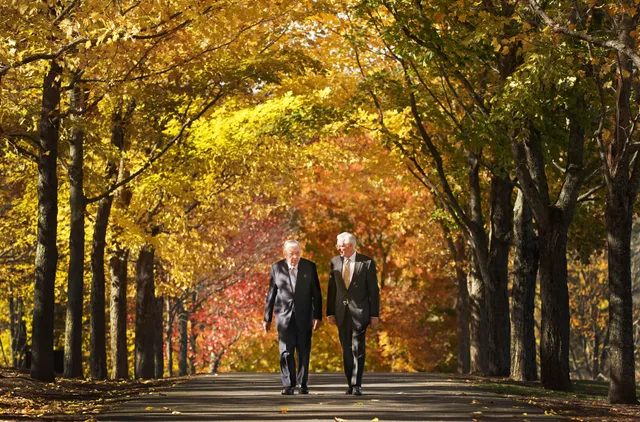 President M. Russell Ballard, Acting President of the Quorum of the Twelve Apostles of The Church of Jesus Christ of Latter-day Saints, and Elder D. Todd Christofferson of the Quorum of the Twelve Apostles walk at the Joseph Smith Birthplace Memorial in Sharon, Vermont, on Saturday, October 19, 2019.