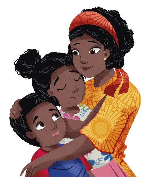 Fun story about a brother and sister rolling eggs off a table creating a huge egg mess! A small spot illustration showing a guilty brother and sister. Illustration showing a mom hugging her daughter and son.