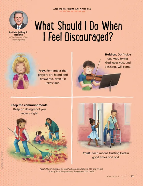 Page PDF with illustrations of children praying, playing the violin, raking leaves, and holding a door for a woman using a walker