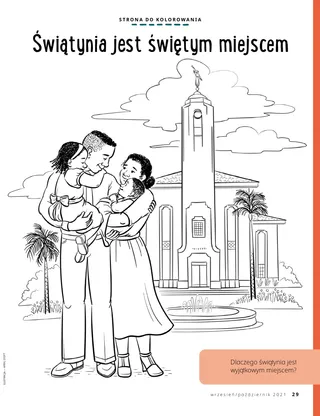 coloring page of family standing outside temple