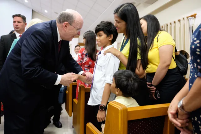 Elder Quentin L. Cook of the Quorum of the Twelve Apostles greets Latter-day Saints from the Mandaluyong-area congregations in the Philippines after speaking at a devotional on Sunday, January 12, 2020.