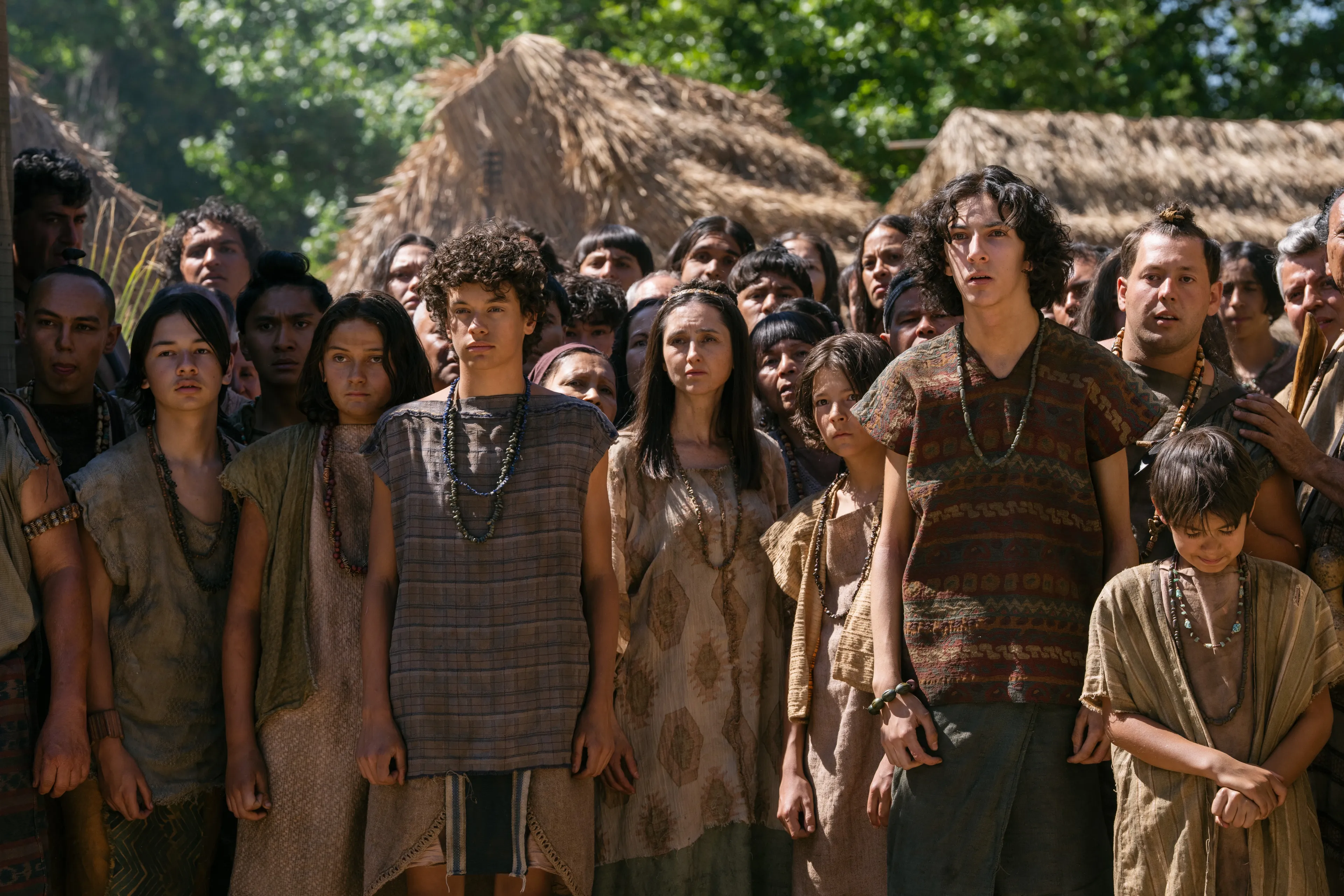 The people of Alma look at the Lamanite army in fear as they speak.