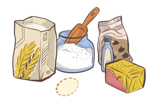 Various baking ingredients with the outline of a missing egg