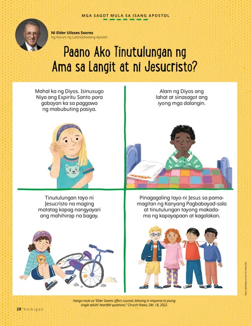 PDF na pahina ng mga batang nakikinig, nagdarasal, nahuhulog sa bisikleta, at kasama ang mga kaibigan