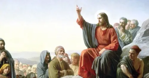Jesus Christ preaching to a multitude of people
