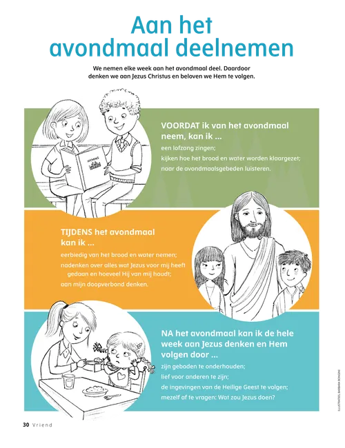 Pdf-pagina met illustraties van kinderen die een lofzang zingen, Jezus Christus met twee kinderen, en een meisje dat aan tafel een baby voert