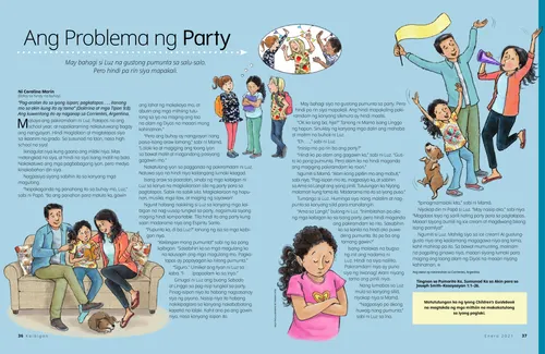 PDF ng pahinang may isang batang babae kasama ang kanyang mga kaibigan, nakaupo kasama ang kanyang mga magulang, nagdarasal, at nagdiriwang kasama ang kanyang mga magulang