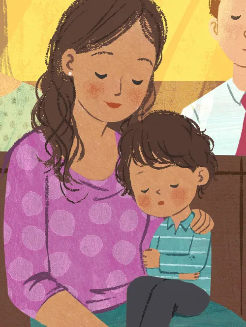 Mom and child praying together