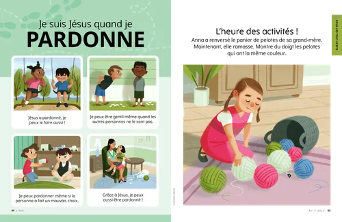 Page au format PDF : deux enfants sur des balançoires, un garçon est méchant envers un autre garçon, un enfant donne son jouet à un autre enfant, une fillette explique à sa mère qu’elle a cassé un vase