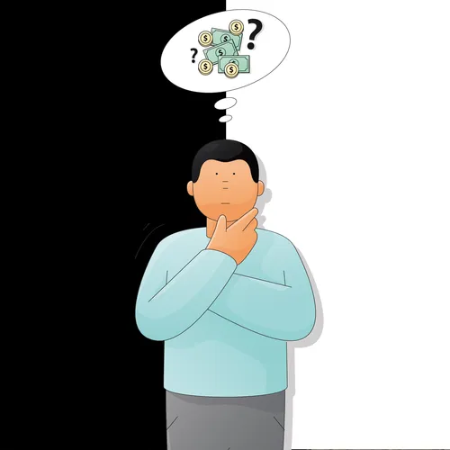 young man with thought bubble with money