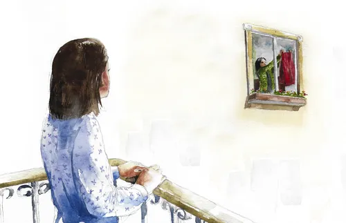 woman standing on balcony watching other woman at window