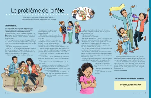Page au format PDF avec des illustrations représentant une fillette avec ses amies, assise avec ses parents, priant et faisant la fête avec ses parents