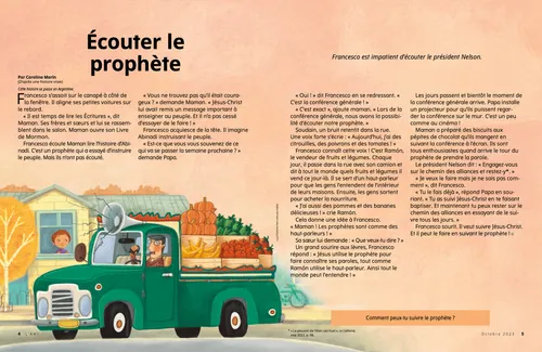 Page au format PDF d’un garçon regardant par la fenêtre tandis qu’un camion avec des fruits et des légumes passe, et que le chauffeur parle dans un haut-parleur