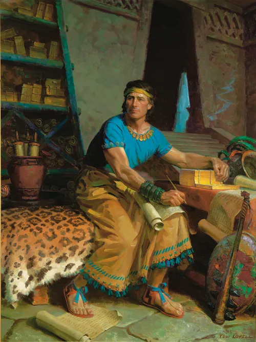 The Book of Mormon prophet Mormon sitting on a bench. The bench is covered with a leopard skin. Mormon has his left arm resting on the gold plates. His right hand is resting on a roll of parchment on his lap. The gold plates are sitting on a table along with other parchment rolls. Numerous other gold plates and parchment rolls are lying on shelves in the background.