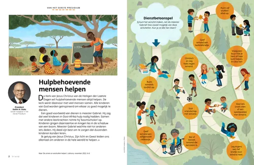 Pdf met illustratie van een man die kinderen onderwijst onder de bomen in Oost-Afrika; en een dienstbetoonspel