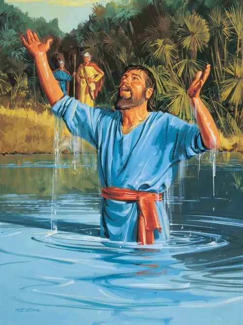 Naaman washing in the river and raising his arms