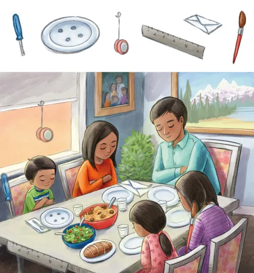 a family praying before they eat dinner