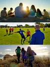 family sitting on beach, soccer team, friends hiking