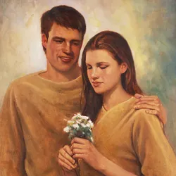 Adam and Eve stand in the Garden of Eden experiencing the blessings of God