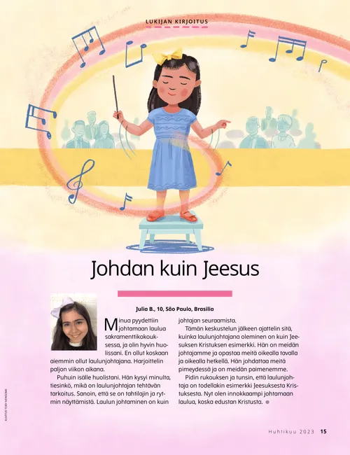 PDF-sivu, jossa kuva tytöstä johtamassa laulua