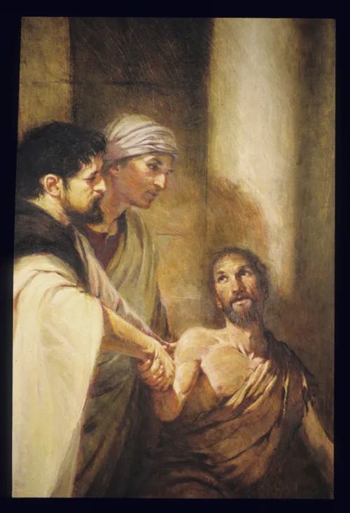 One oil on canvas painting of Peter healing the lame man.  Done predominantly in shades of brown and gold.  Shows a crippled beggar at right being lifted by Peter.  Others look on.  Scene is in front of a large building.