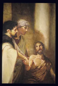 One oil on canvas painting of Peter healing the lame man.  Done predominantly in shades of brown and gold.  Shows a crippled beggar at right being lifted by Peter.  Others look on.  Scene is in front of a large building.