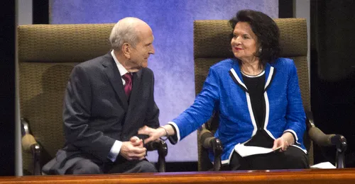 President Russell M. Nelson talking with his wife, Wendy