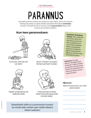 Sivun PDF, jossa on kuvasarja pojasta, joka on rikkonut pesäpallolla maljakon, siivoamassa sotkua, rukoilemassa ja halaamassa äitiään