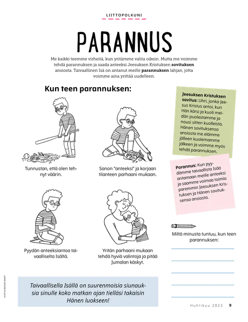 PDF-sivu, jossa lapsi käy läpi parannuksen vaiheet rikottuaan maljakon; lisäksi kirjoitustehtävä