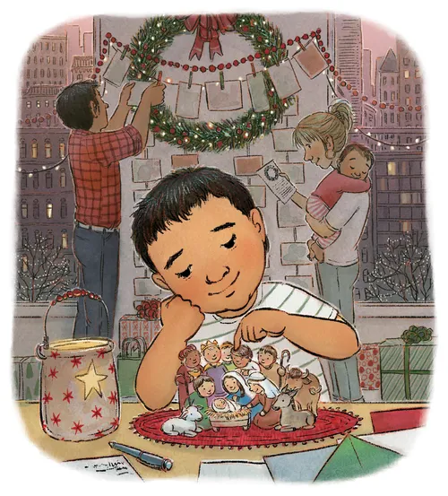 family decorating for Christmas