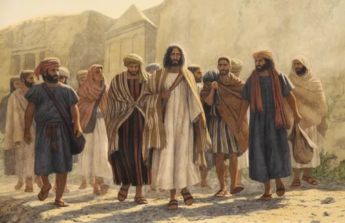 painting of Jesus walking down a dirt path with disciples
