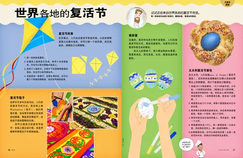 页面 PDF：纸风筝、彩色地毯、手绘彩蛋，和义大利复活节面包的插图