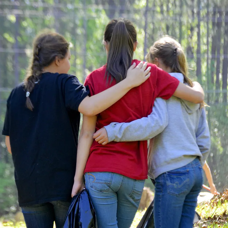 A group of young girls walk down a forest path together
