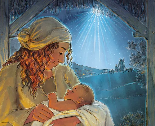 Mary, the mother of Jesus, holds the Savior of the World, Jesus Christ, in her arms on the night that he was born into the world. A star shines high up in the heavens and shepherds can be seen walking on a hillside behind them.