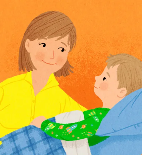 mom telling bedtime story to boy