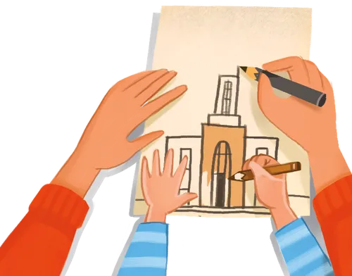 parent and child drawing temple picture together